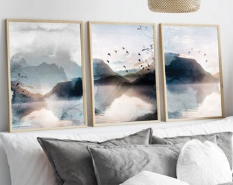 Set paesaggistico di 3 stampe, Arte stampabile, Arte da parete blu, Arte da parete per camera da letto, Arte da parete panoramica, Soggiorno, Poster blu, Arte da parete di montagna, Arte forestale