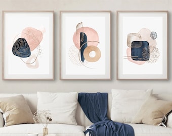 Blue And Pink Abstract Wall Art,,Navy,Gold,Living Room Art,Bedroom Wall Art,Set of 3,Set of 3 Blue Prints,Abstract Art,Home Decor,Wall Art