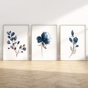 Blue Floral Prints,Set O 3 Prints,Flower Market Print,Blue Flowers,Navy,Bedroom Prints,Floral Wall Art,Flower Market Poster,Wildflowers