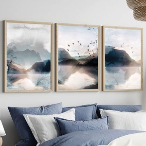 Set of 3 Watercolour Landscape,Set of 3 Prints,Blue Wall Art,Nordic,Watercolour Nature Prints,Mountain,Above Bed,Bedroom Wall Art,Home Decor