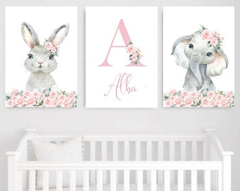 Set Of 3 Girl Nursery Wall Art,Personalised Gift,Safari Animals Baby Girls Nursery Decor,Safari Floral Animals,Nursery Prints,Nursery Decor