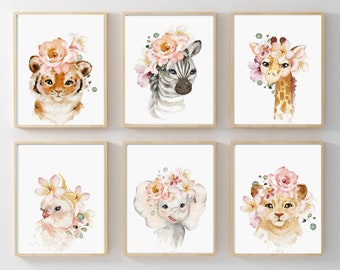 Girl Nursery Prints,Floral Baby Safari Animals,Floral Girl Name,Baby Girl Nursery Prints,Set of 6 Prints,Nursery Decor,Baby Shower Gift