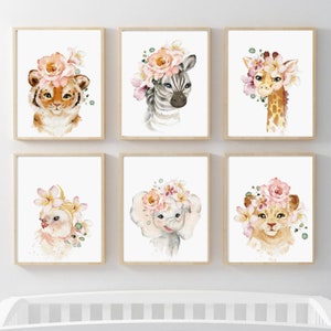 Girl Nursery Prints,Floral Baby Safari Animals,Floral Girl Name,Baby Girl Nursery Prints,Set of 6 Prints,Nursery Decor,Baby Shower Gift