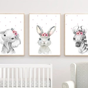 Set Of 3 Floral Animals,o,Safari Floral Animals,Set Of 3 Prints, Nursery Prints,Safari Nursery,Baby Girl Gift,Nursery Decor,Nursery Wall Art image 5