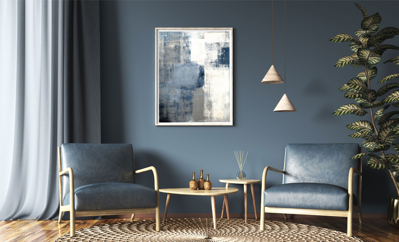 Blue Navy Grey Abstract Wall Art,set of 3 Prints,navy Wall Art,abstract