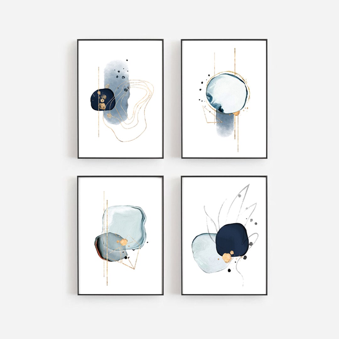 Blue and Gold Abstract Wall Art,set of 4 Prints,set of 3 Blue Prints