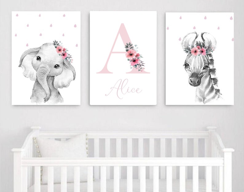 Set Of 3 Floral Animals,o,Safari Floral Animals,Set Of 3 Prints, Nursery Prints,Safari Nursery,Baby Girl Gift,Nursery Decor,Nursery Wall Art image 2