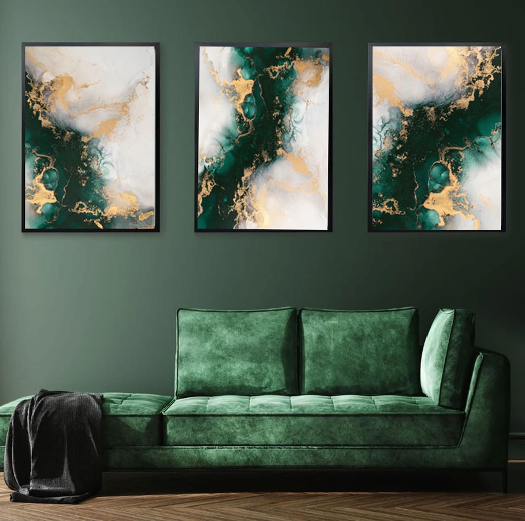 Green and Gold Marble Wall Art Prints,abstract Wall Art,set of 3 Prints
