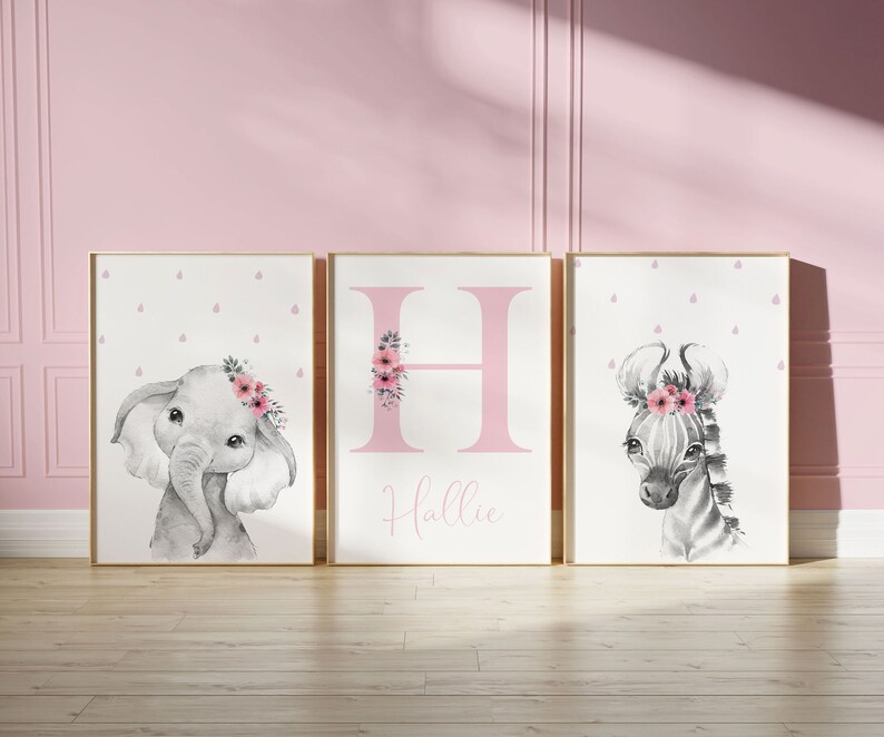 Set Of 3 Floral Animals,o,Safari Floral Animals,Set Of 3 Prints, Nursery Prints,Safari Nursery,Baby Girl Gift,Nursery Decor,Nursery Wall Art image 1