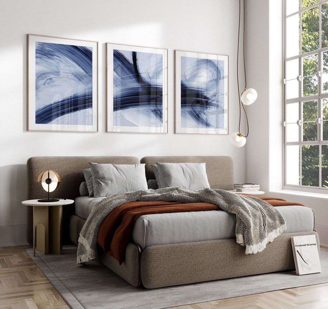 Blue Abstract Wall Art,living Room Art,bedroom Prints,set of 3 Prints ...