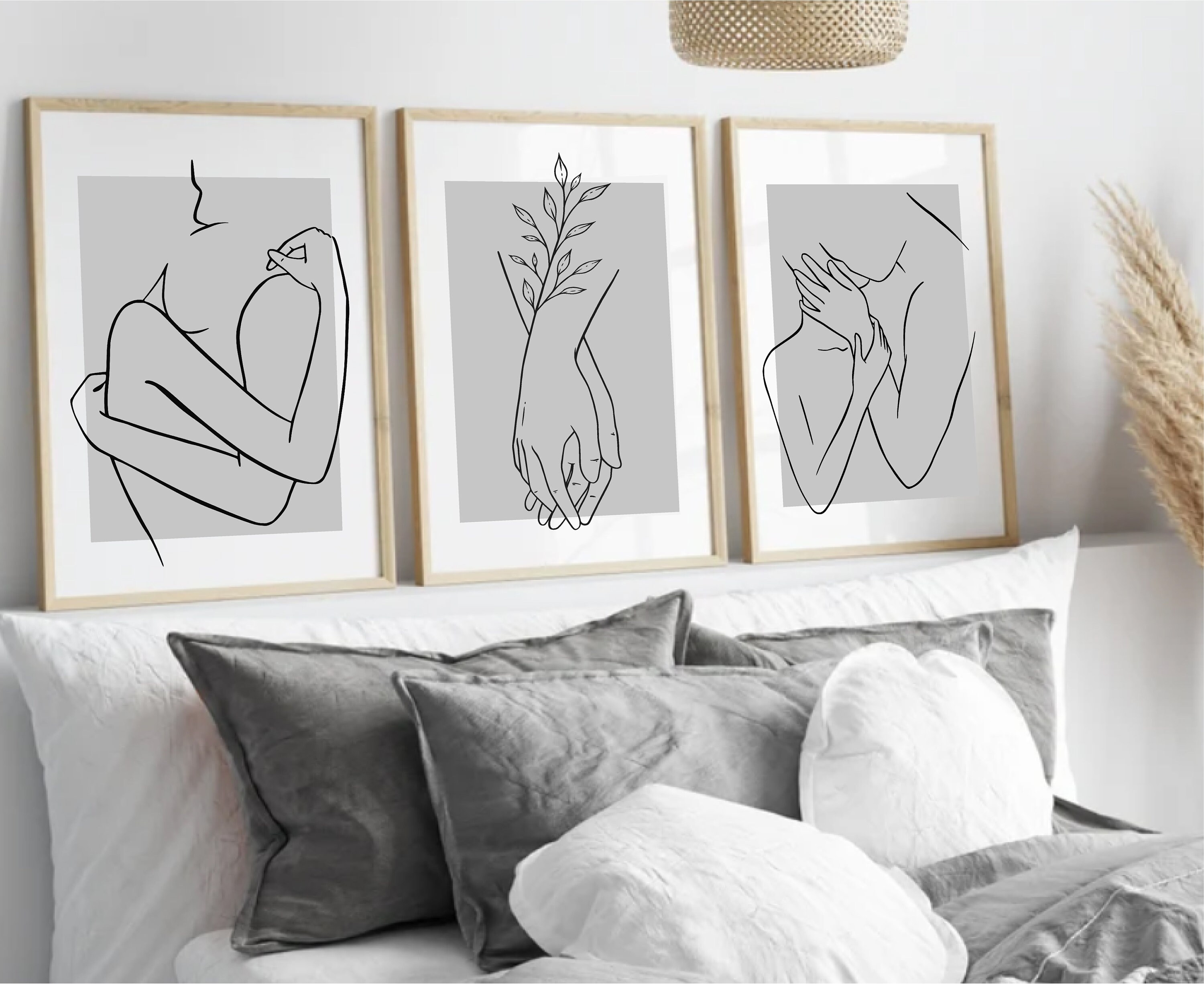 Bedroom Wall Artone Line Drawing Couplegreybeigesage Etsy