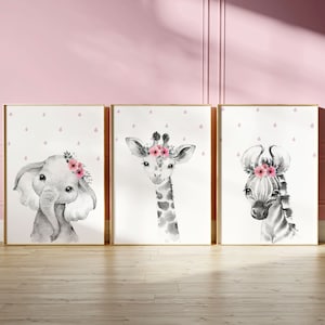 Girl Nursery Prints,Girl Nursery Prints,Floral Baby Safari Animals,Girl Nursery Prints,Set of 3,Nursery Decor,Set of 3 Safari Floral Animals