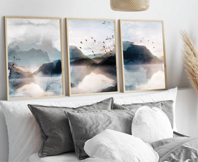 Landscape Set of 3 Prints,Set of 3 Prints,Bedroom Decor,Watercolour,Nature,Grey,Mountain Wall Art,Blue,Nordic Wall Art,Home Decor,Living,A2 