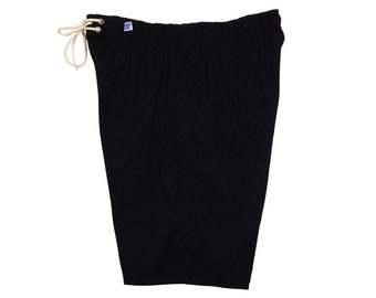 Black Elastic Waist Swim Shorts, Drawstring Board Shorts, Cali-Made