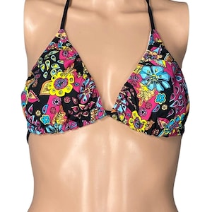 Women&#39;s &quot;Carnival&quot; Print Triangle Bikini Top | Cali-Made by Xelosette Brand | Perfect Mix N Match Top | Choose from Black or Purple Colorway
