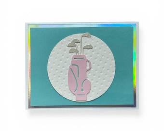 Handmade Pink Golf Bag Note Card:  Embossed Ball Design