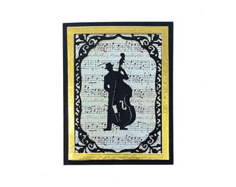 Bass Fiddle Blank Note Card: Musician Silhouette of Man Playing Musical Instrument