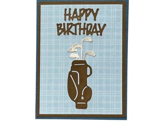 Handmade Golf Birthday Card for Male Golfer: Brown Bag, Silver Clubs