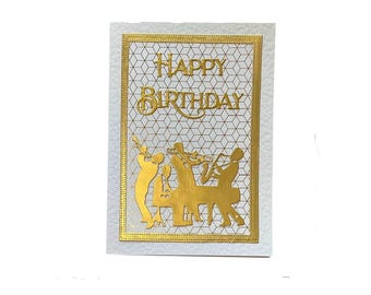 Jazz Band Birthday Card, Gold Foil Musicians, Handmade 5x7 Card