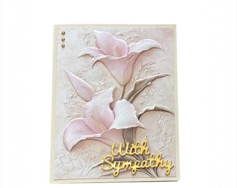 Pastel Pink Lilies Sympathy Card: Embossed Floral with Gold Accents