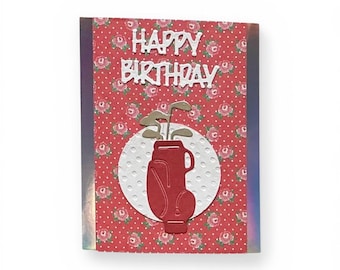 Red Golf Bag Birthday Card with Florals and Silver
