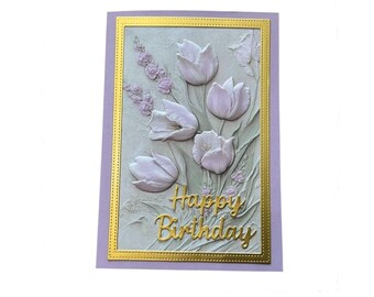 Lavender Tulips Birthday Card: Embossed Floral with Gold Accents
