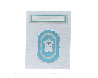 Handmade Christening Card for Baby Boy, Blue & Silver, White Baby Suit