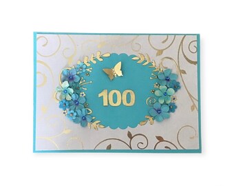 100th Birthday Card for Woman, Floral Handmade 5x7 Greeting Card for Grandma or Mother, Fancy & Feminine Card for Aunt With Inside Message