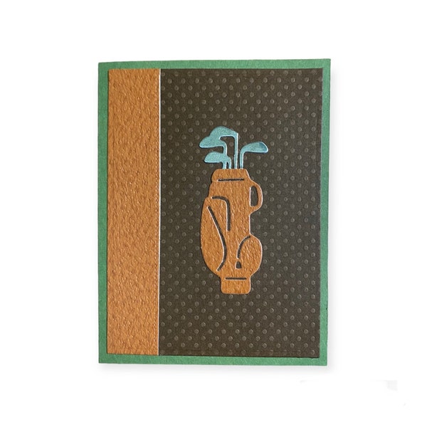 Blank Note Card for Golfer, Leather Look Golf Bag & Silver Clubs, Masculine Card for Man or Boy, Birthday Greeting, Thank You Card for Him
