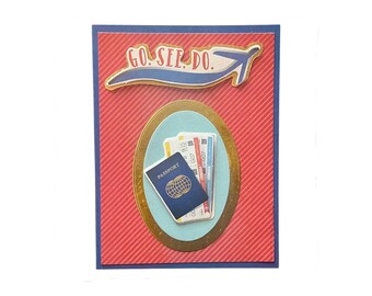 Handmade Travel Card with Passport and Plane Tickets, Blank Note for Trip