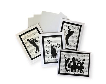 Jazz Musician Gift, Blank Note Card Assortment, Boxed Set of Greeting Cards, Music Teacher Gift, Sax & Trumpet, Bass Fiddle and Piano Player