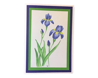 Blue Iris Note Card, Handmade Floral Greeting Card, Watercolor Art Print Suitable For Framing, 5x7 Blank Card For Woman, Dutch Iris Card