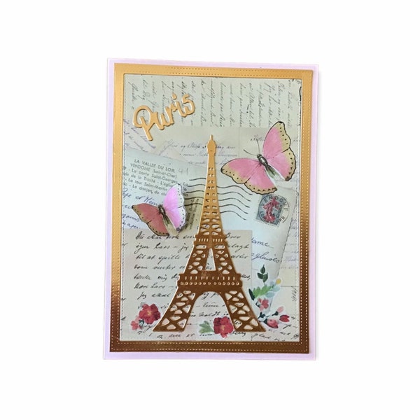 Eiffel Tower Paris Theme Blank Note Card, Handmade French Parisian Style 5x7 Greeting Card With Butterfly, Thank You Card for Her