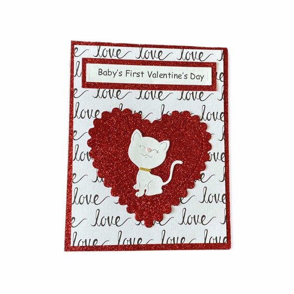 Baby’s First Valentine’s Day Card, White Kitten in Glittery Red Heart, Cute Kitty Cat Greeting Card For Girl or Boy with Inside Message