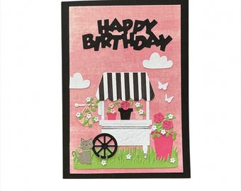 Flower Cart Birthday Card, Handmade 5x7 Greeting with  Kitty Cat