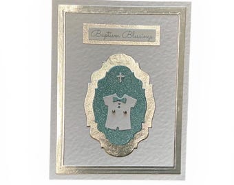Handmade Baptism Card for Boy, White Baby Suit, Religious Greeting
