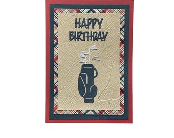 Handmade 5x7 Golf Birthday Card for Male Golfer:  Navy Bag, Silver Clubs