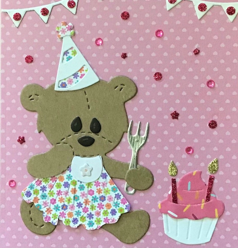 Birthday Card for 2 Year Old Girl Teddy Bear With Pink Cupcake Party
