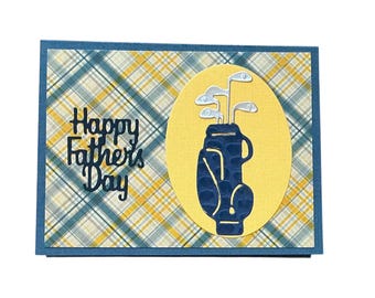 Handmade Golf Fathers Day Card: Navy Blue Bag, Silver Clubs