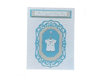 Handmade Baptism Card for Boy, White Baby Suit, Religious Greeting