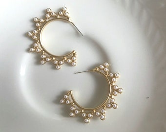 Gold and Pearl Hoop Earrings, Star Shape Open Hoops, Pearl Earrings, Holiday/ Party Earrings, Bridal Earrings, 1.5" Diameter, Gift for Her