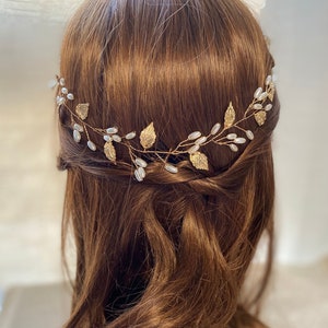 Gold Bridal Hair Vine, Gold Leaf Hair Vine, Leaf Wreath, Gold Headband, Pearl and Leaves Hair Vine, Bridal Hair Accessory, Woodland Wedding