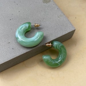 Jade Color Acetate Acrylic Hoop Earrings , Chunky Small Open Hoops Earrings, Gift for Her, Colored Elegant Hoops, Jade Earrings