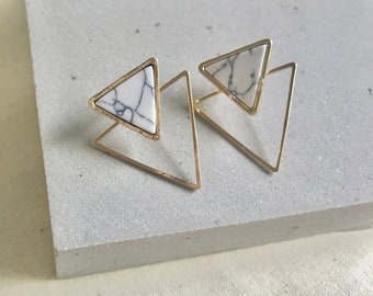 Double Triangle Marble Stud Ear Jackets, Front Back Style Geometric Earrings, Marble Turquoise and Gold Earrings, Wore in multi-ways