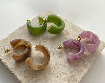 Color Acetate Acrylic Cuff Hoop Earrings , Small Chunky Open Hoops Earrings, Gift for Her, Colored Elegant Hoops, Jade Style Earrings,1 Pair