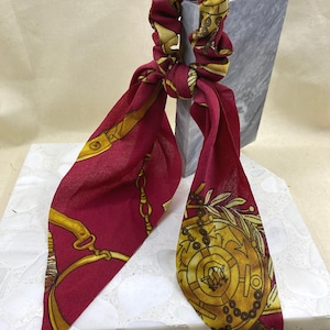 Vintage Style Chiffon Scarf Hair Scrunchy Red, Block Chain Pattern Scrunchies With Scarf, Hair Scrunchies, Scarf Hair Ties, Hair Accessory