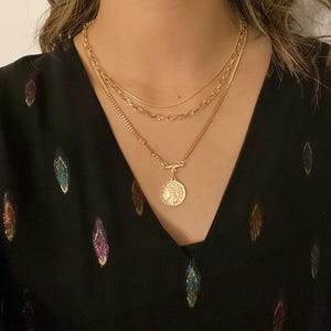 Layered Gold Coin Chains Necklace | Coin Pendant Necklace | Gold Link Chain | Gold Curb Classic Chain | Gold Statement Chain Necklace
