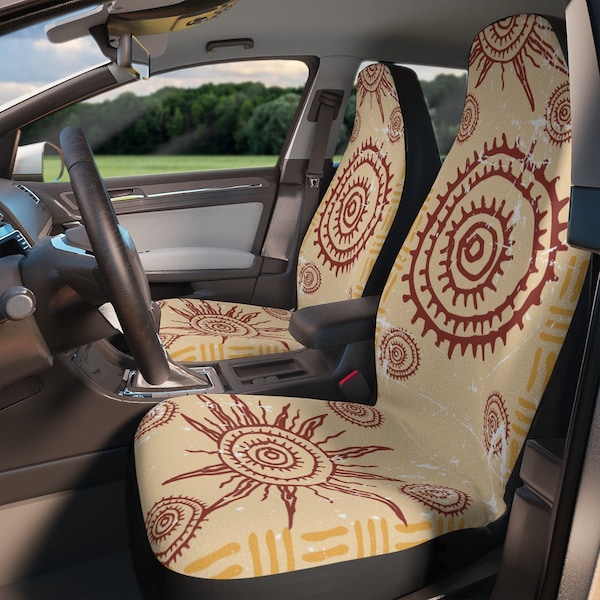 Boho Sun Car Seat Covers, Celestial Beige Mystic, Vintage Design