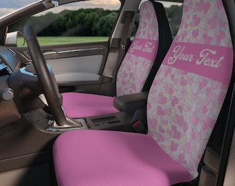 Pink Hearts Car Seat Covers, Custom Name, Polyester Fabric (Set of 2)
