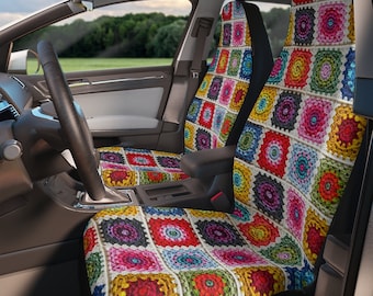 Faux Crochet Granny Squares, Boho Car Seat Covers, fake boho crochet, car accessory , car interior design, gift for crochet lovers